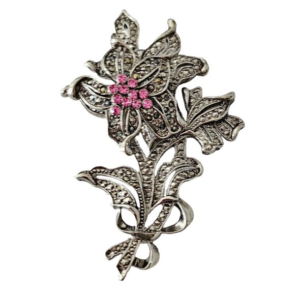 1928 Brand Silver Tone Pink Rhinestone, Marcasite Flower Trembler Brooch L268 - Picture 11 of 11